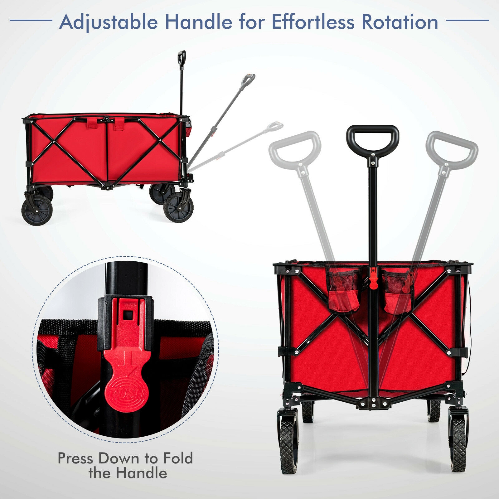 SUGIFT Outdoor Folding Wagon Cart with Adjustable Handle 180-lb Capacity Steel Frame Red