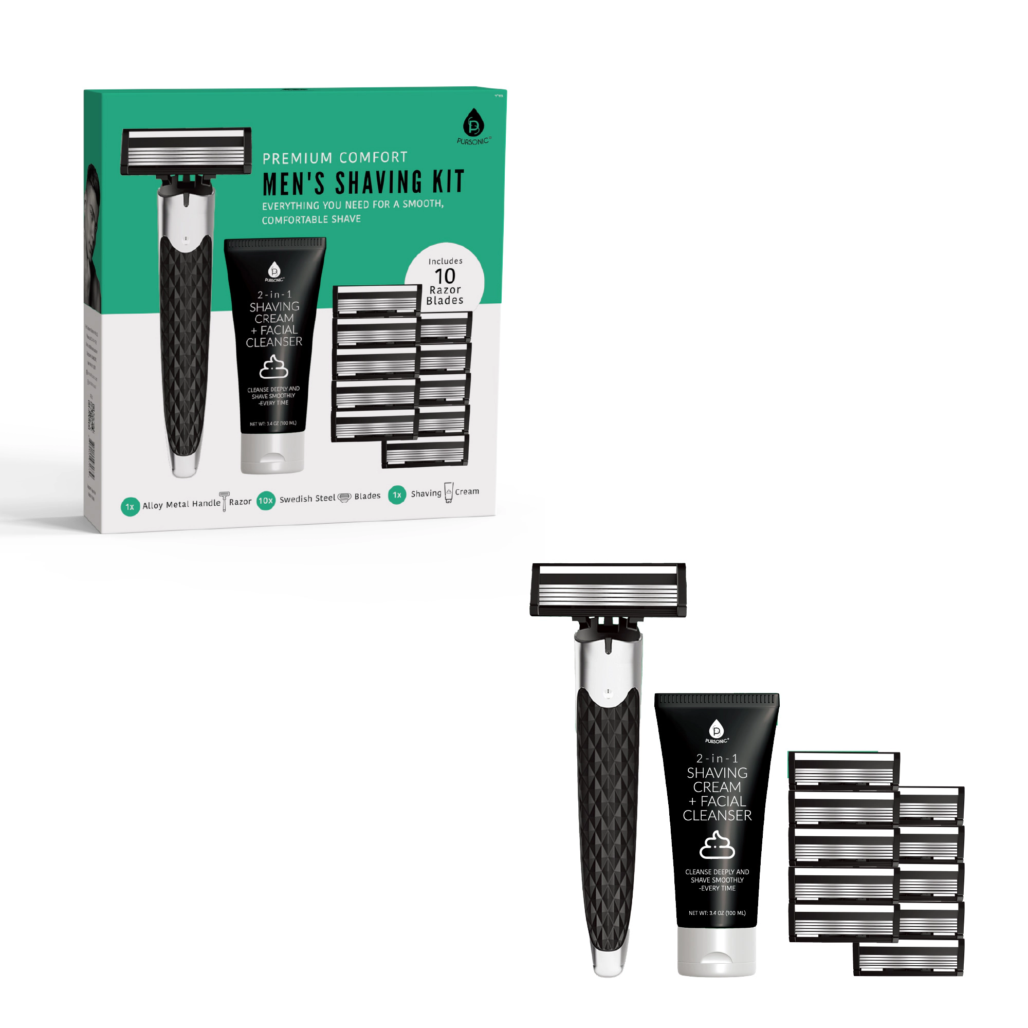 Pursonic Men’s Premium Shaving Kit: Alloy Metal Handle with Complete Grooming Essentials for a Superior Shave