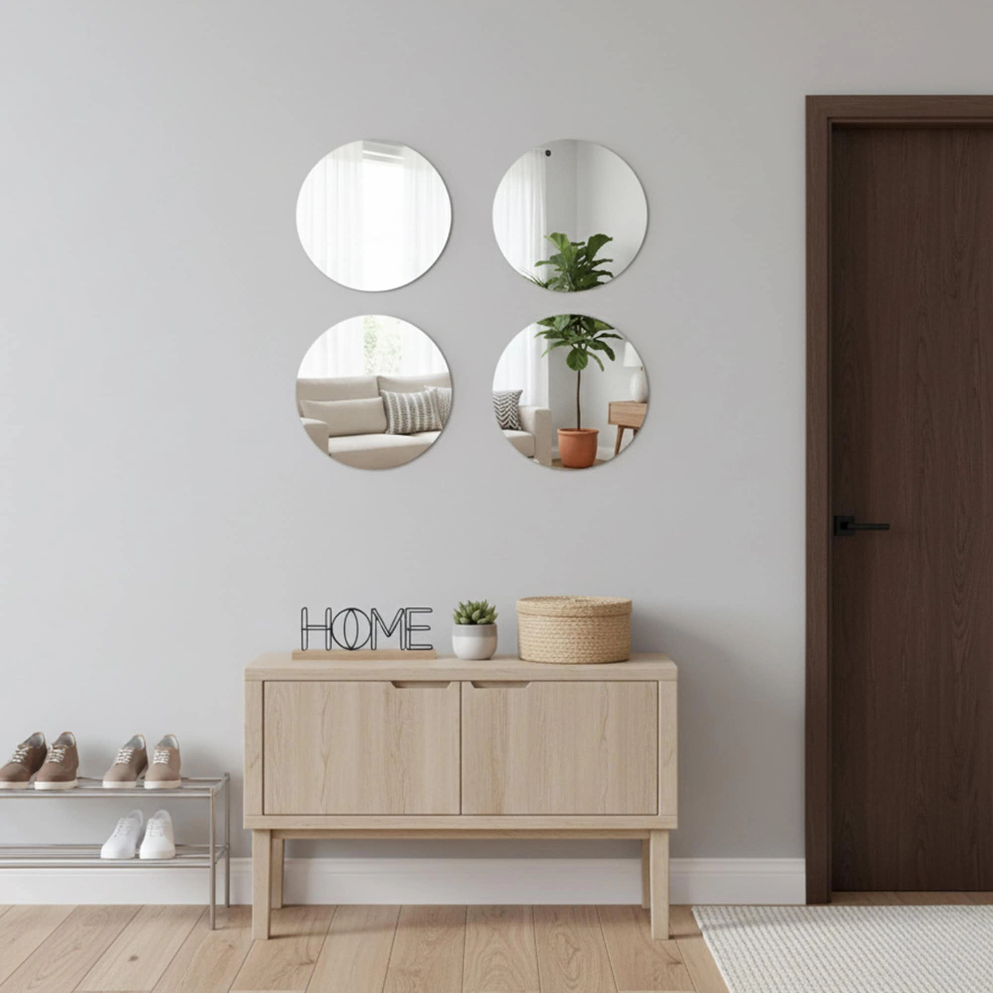 Evideco French Home Goods Set of 4 Frameless 11.11" Round Glass Mirrors, Self-Adhesive, Silver Finish