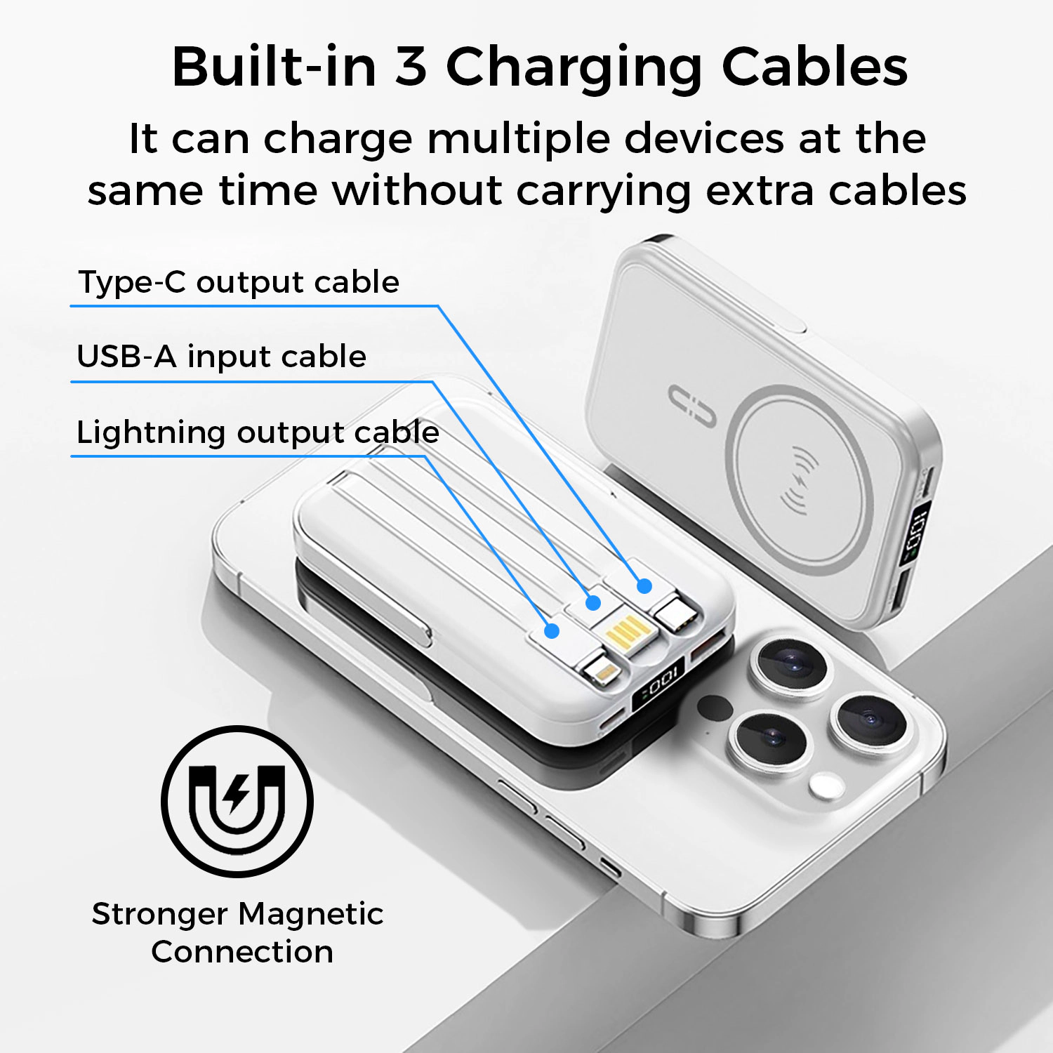 Alpha Digital 10,000mAh, 3 Cables, Magnetic Wireless Charging, Phone Stand - Power Bank