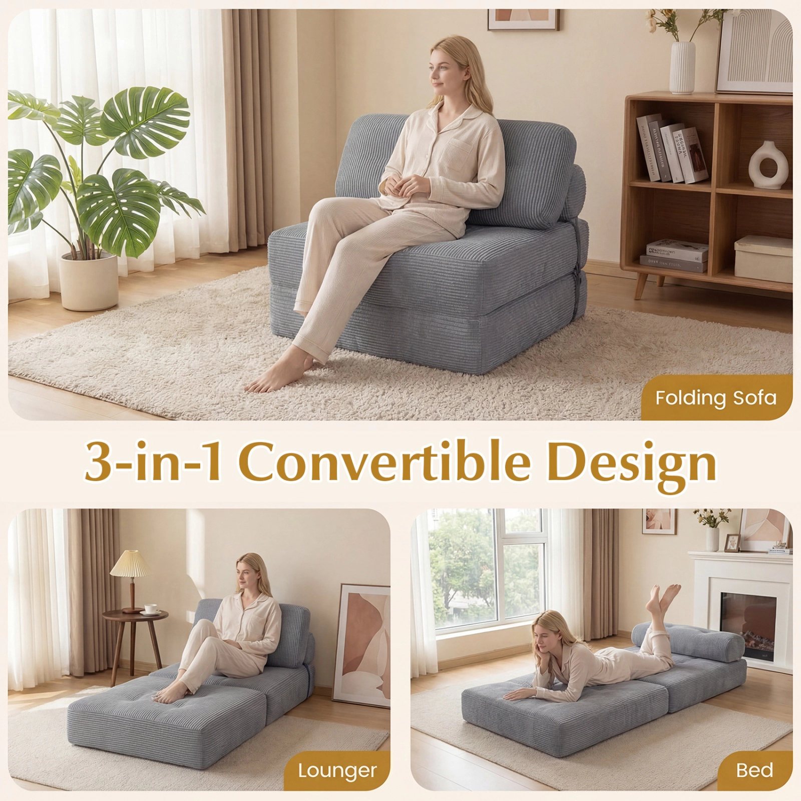 SUGIFT 3-in-1 Corduroy Folding Sofa Bed Pillow & Back Support 355-lb Capacity 68-in Bed Beige Black Gray Navy Blue Pink