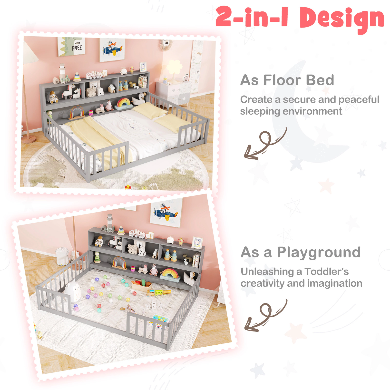 SUGIFT Gray Integrated Bookcase and Full-Length Guardrails Pine Wood Twin Kids Montessori Floor Bed