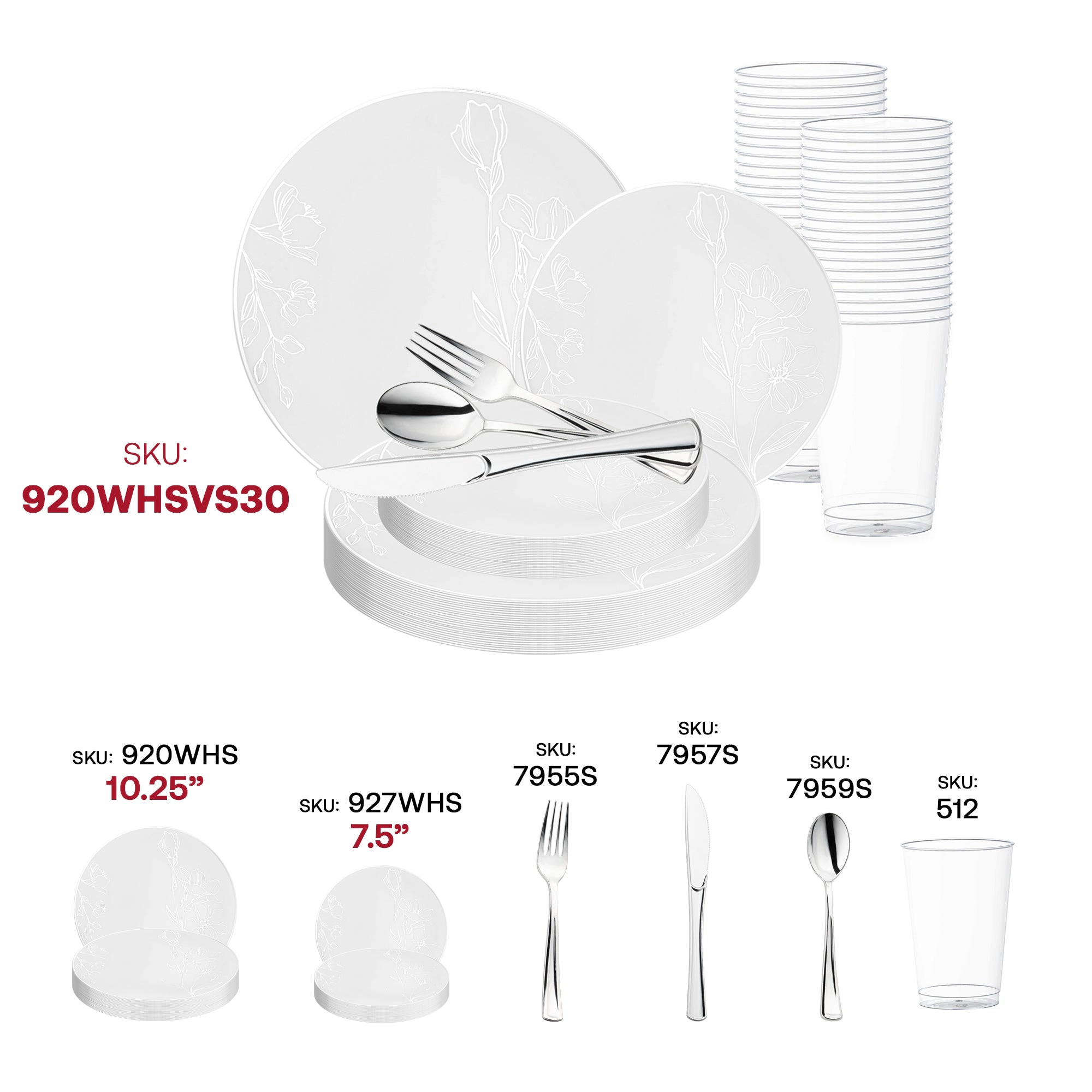 Smarty Had A Party White with Silver Antique Floral Round Disposable Plastic Wedding Value Set