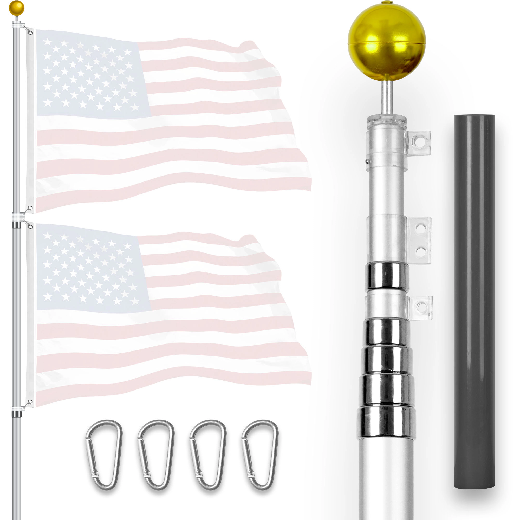 G128 20 ft Telescoping Aluminum Flagpole - Heavy Duty 16 Gauge Inground Telescopic Pole, Silver