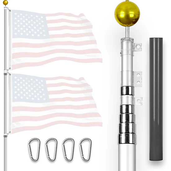 G128 20 ft Telescoping Aluminum Flagpole - Heavy Duty 16 Gauge Inground Telescopic Pole, Silver