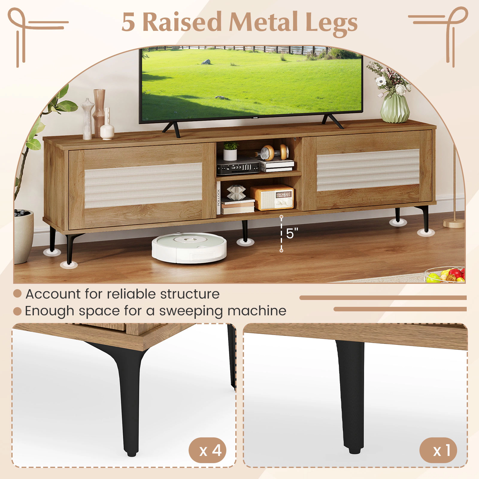 Glintex 63-Inch TV Stand with Waveform Fluted Doors and Open Shelves, Oak