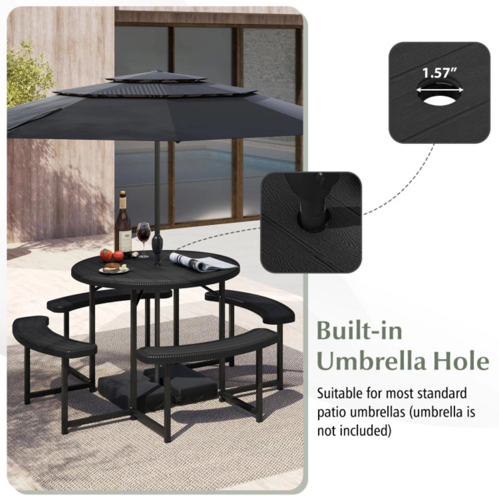 Hivvago Round Picnic Table Bench Set With 4 Benches And Umbrella Hole For Patio Lawn