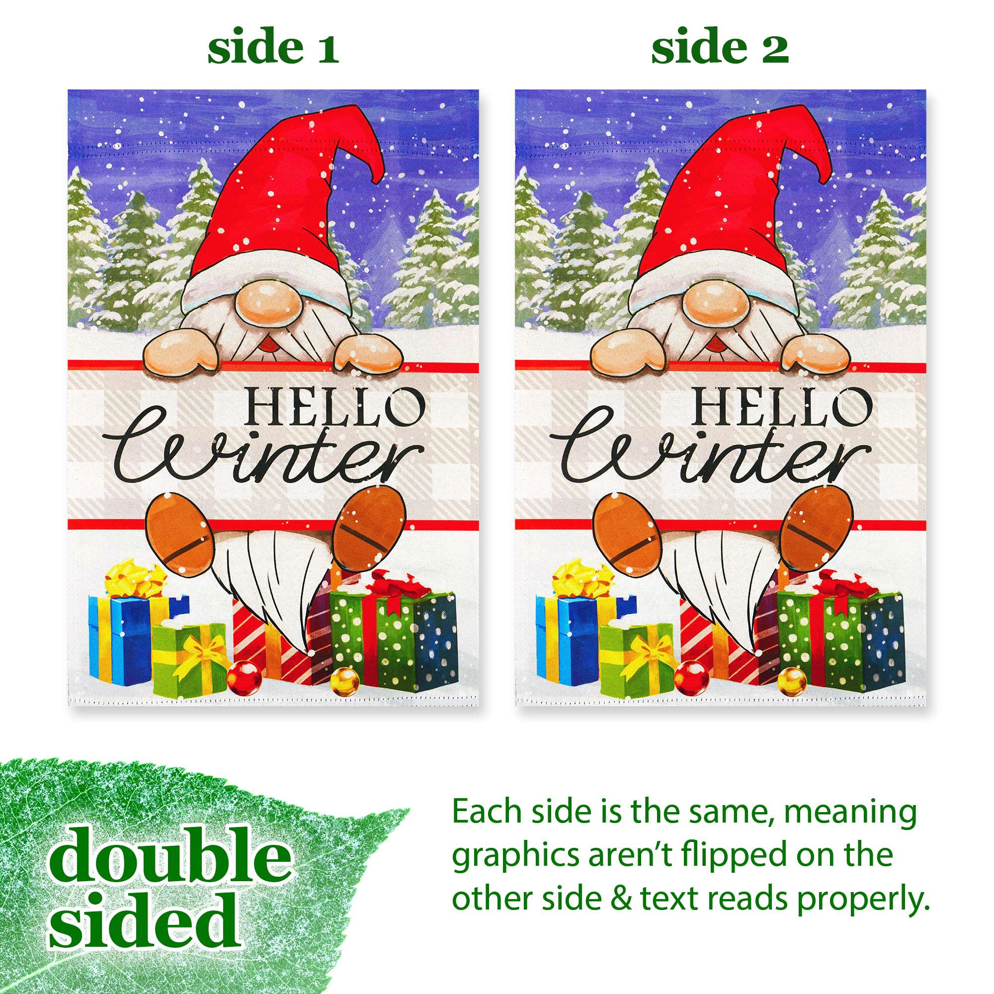 G128 Hello Winter Gnome Garden Flag 12x18 in Double-Sided Outdoor Lawn Decoration