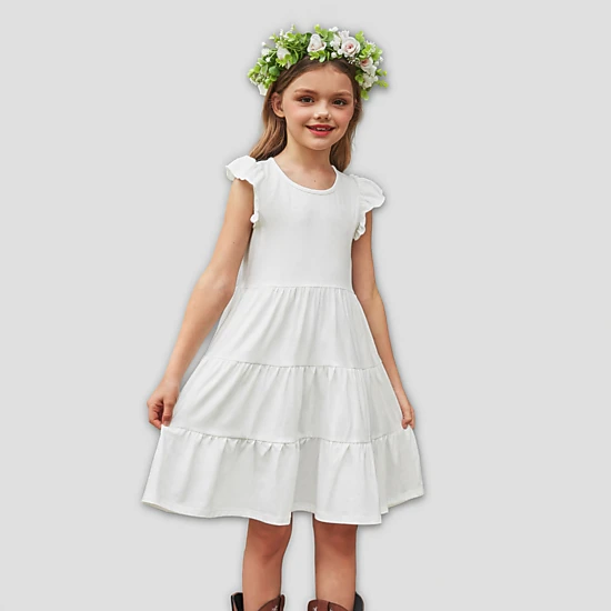 Arshiner Girl Summer Dresses Ruffle Sleeve Tiered Swing Midi Casual Sundress With Pockets Tween