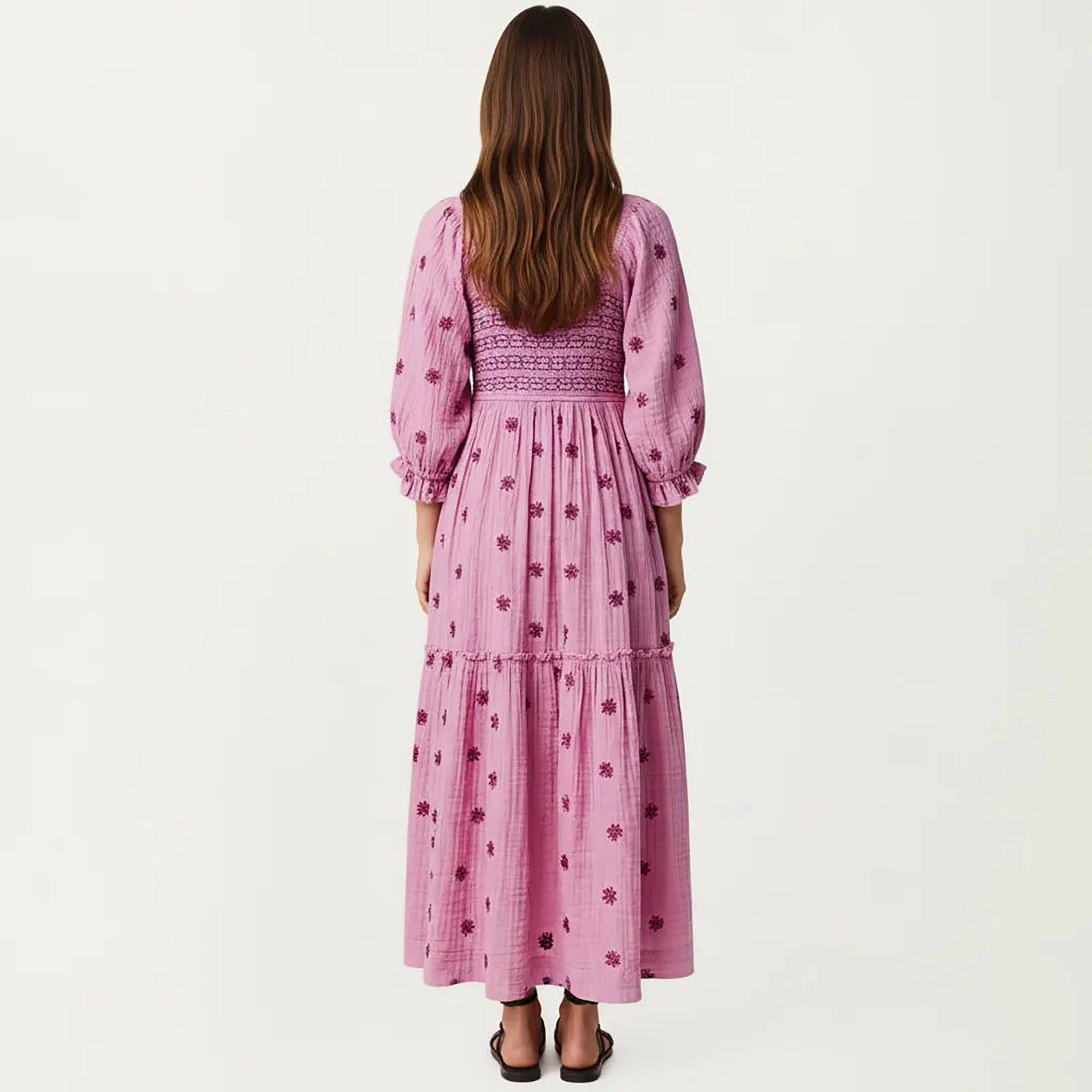 Anna-Kaci Womens Smocked Square Neck Embroidered Maxi Dress with Puff Sleeves