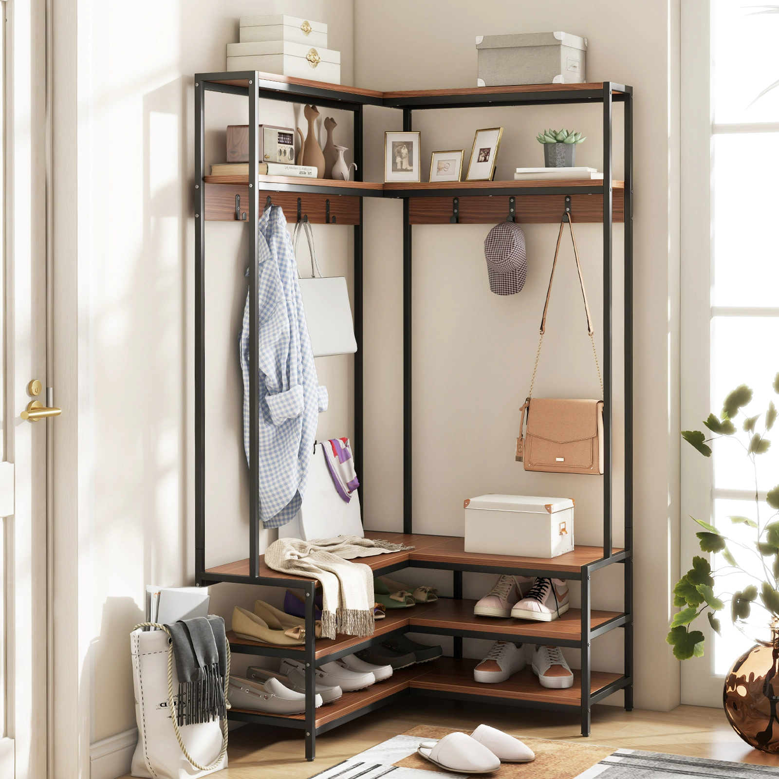 SUGIFT L-Shaped Open Shelves 7 Hooks Corner Garment Rack Shoe Bench 35.5-in x 35.5-in x 70-in 200-lb Capacity Walnut