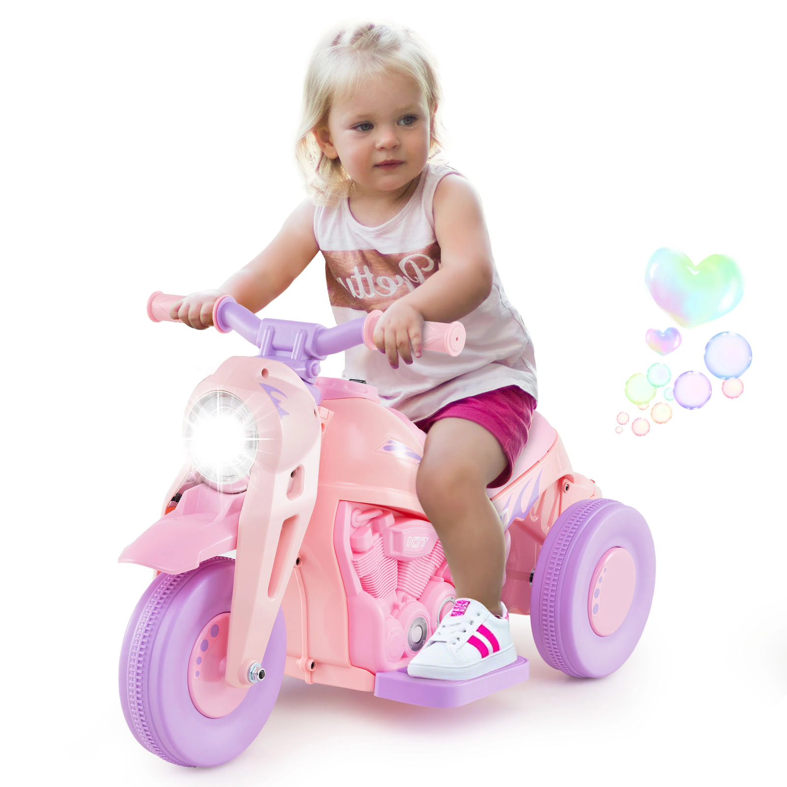SUGIFT Purple Bubble Maker and Music Pink and 6V Kids Electric Ride On Motorcycle
