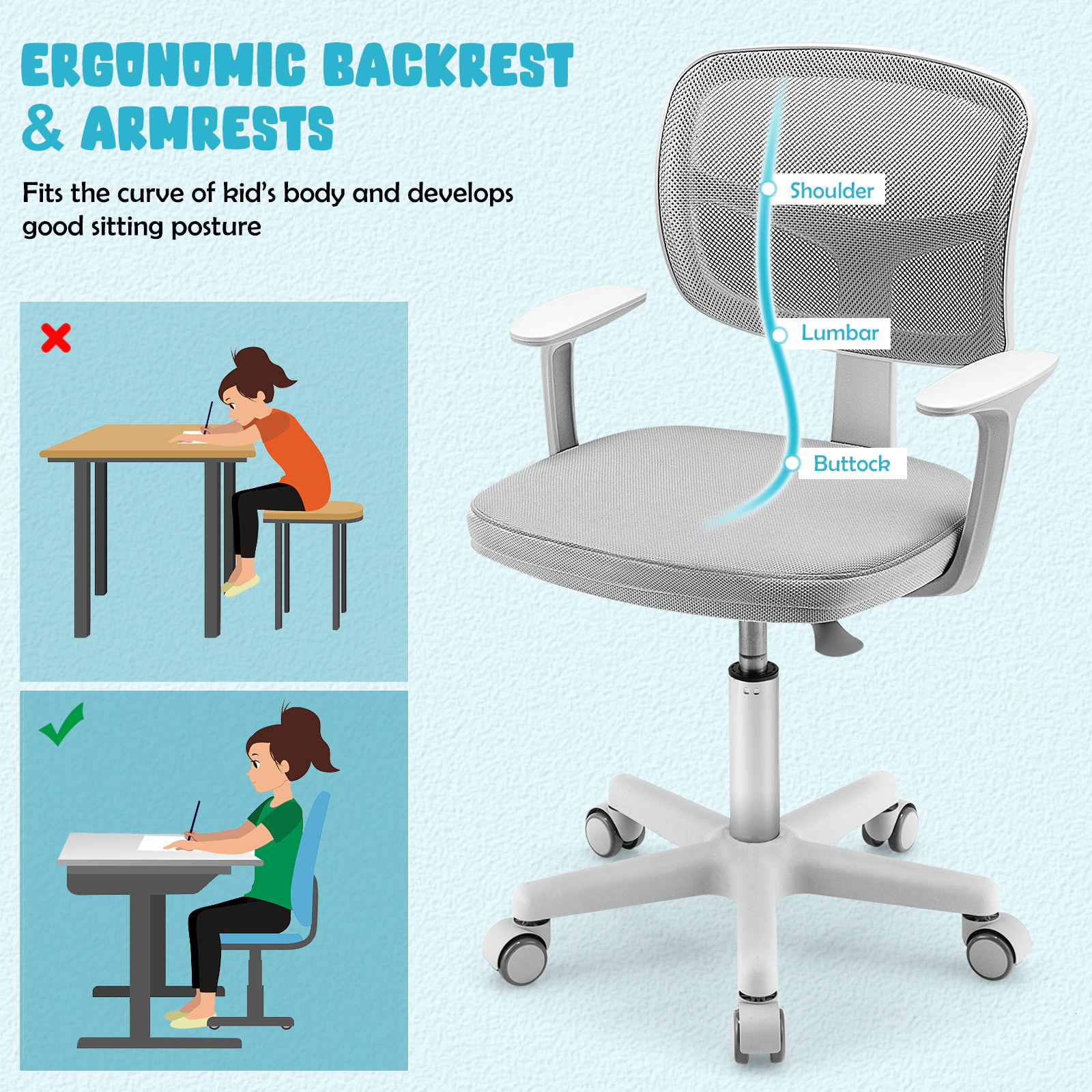 SUGIFT Ergonomic Adjustable Desk Chair Armrests & 5 Rolling Casters 330-lb Capacity for Kids Blue Pink Turquoise Purple