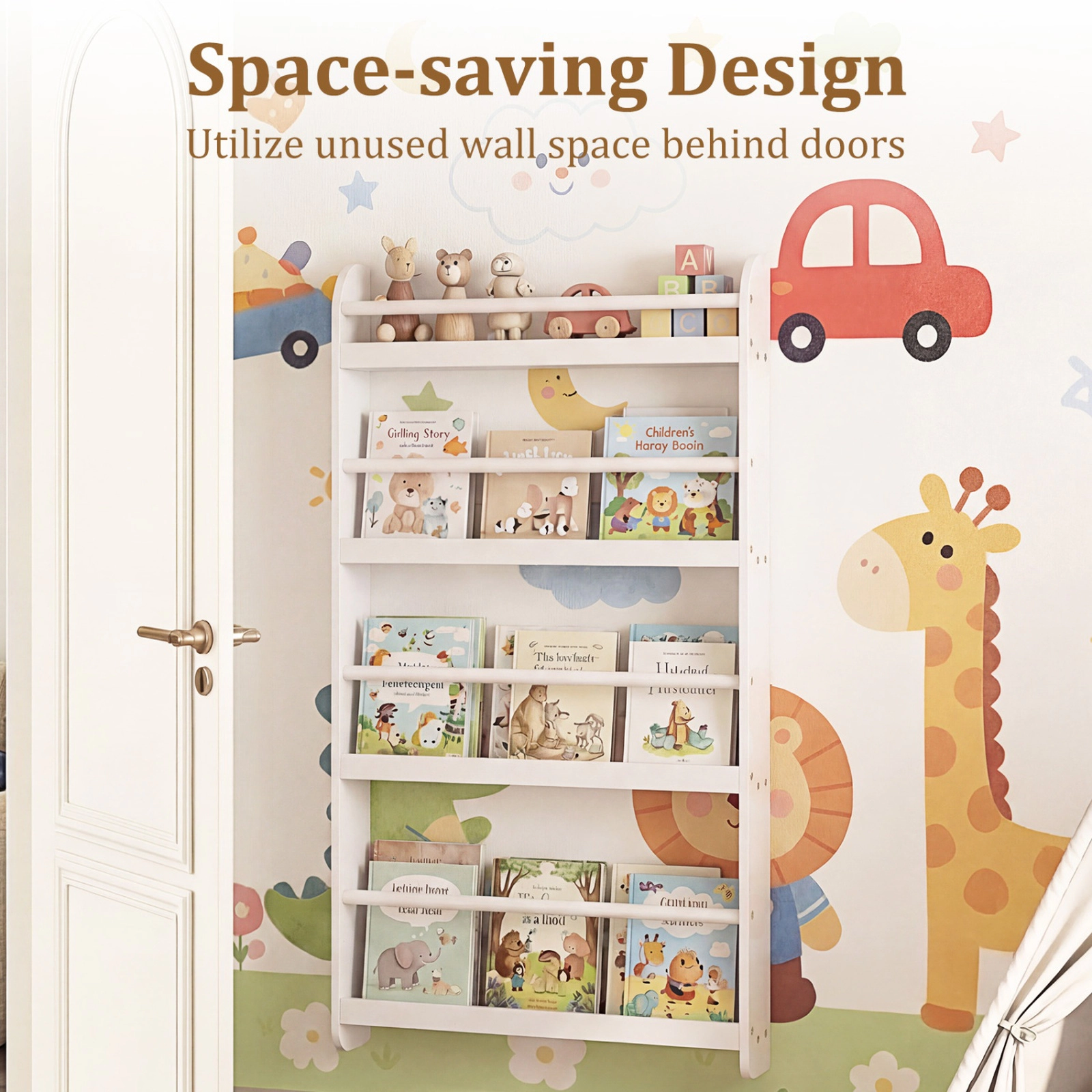 SUGIFT 4-Tier Wall Bookshelf Organizer for Toys and Books 33-lb Per Layer Ages 3+ White/Pink