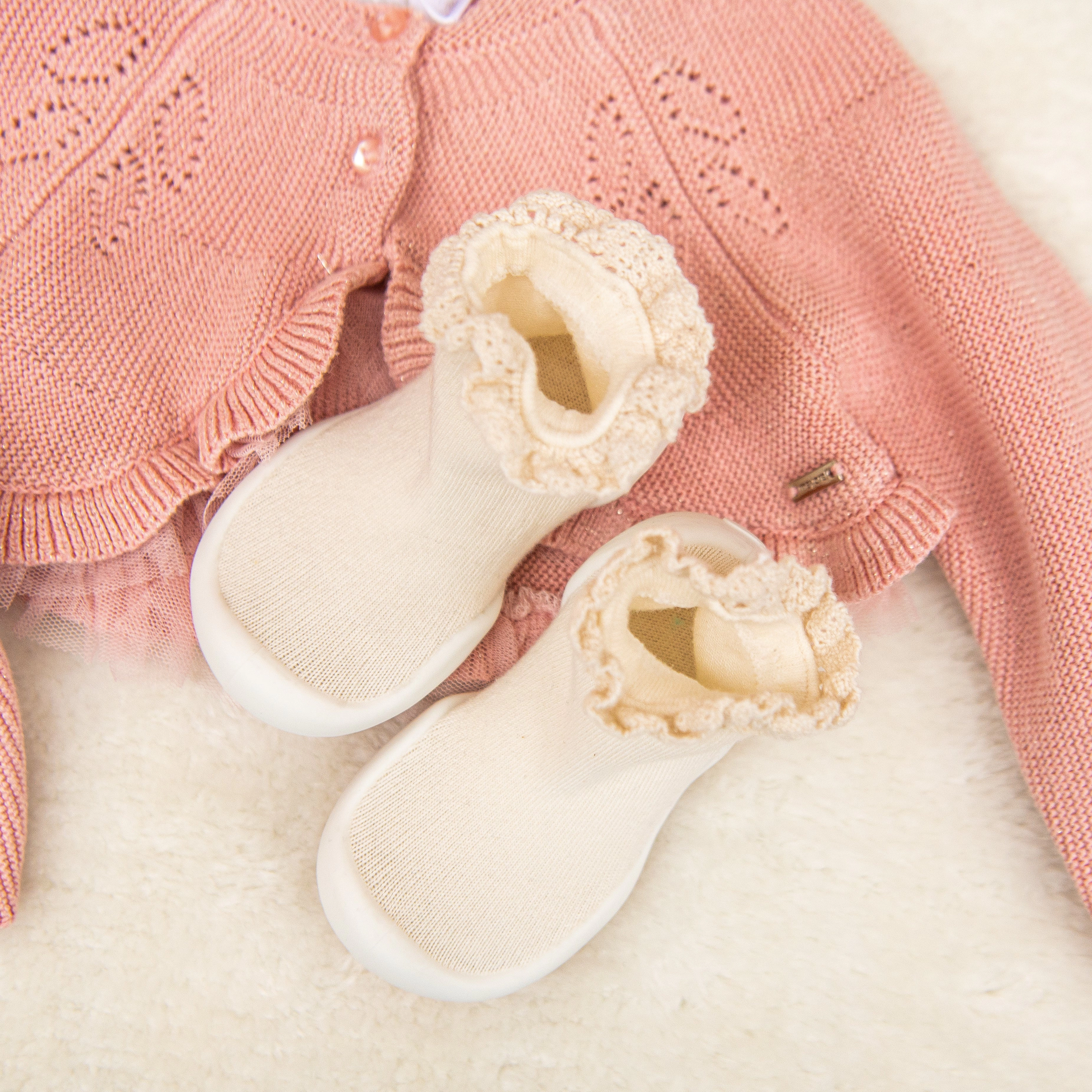 Komuello Toddler Girl First Walk Sock Shoes Lace Trim