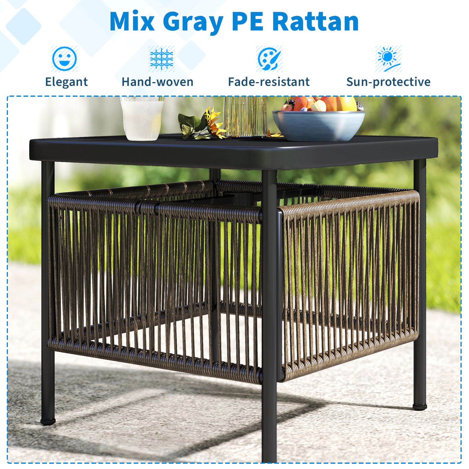 SUGIFT Outdoor Side Table Metal with Umbrella Hole and Lower Storage Shelf for Patio