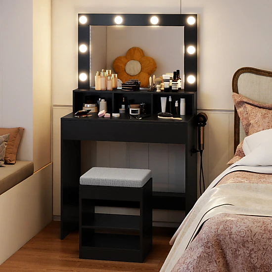SUGIFT 2-Piece Vanity Set with Lighted Mirror, Storage Stool and Charging Station