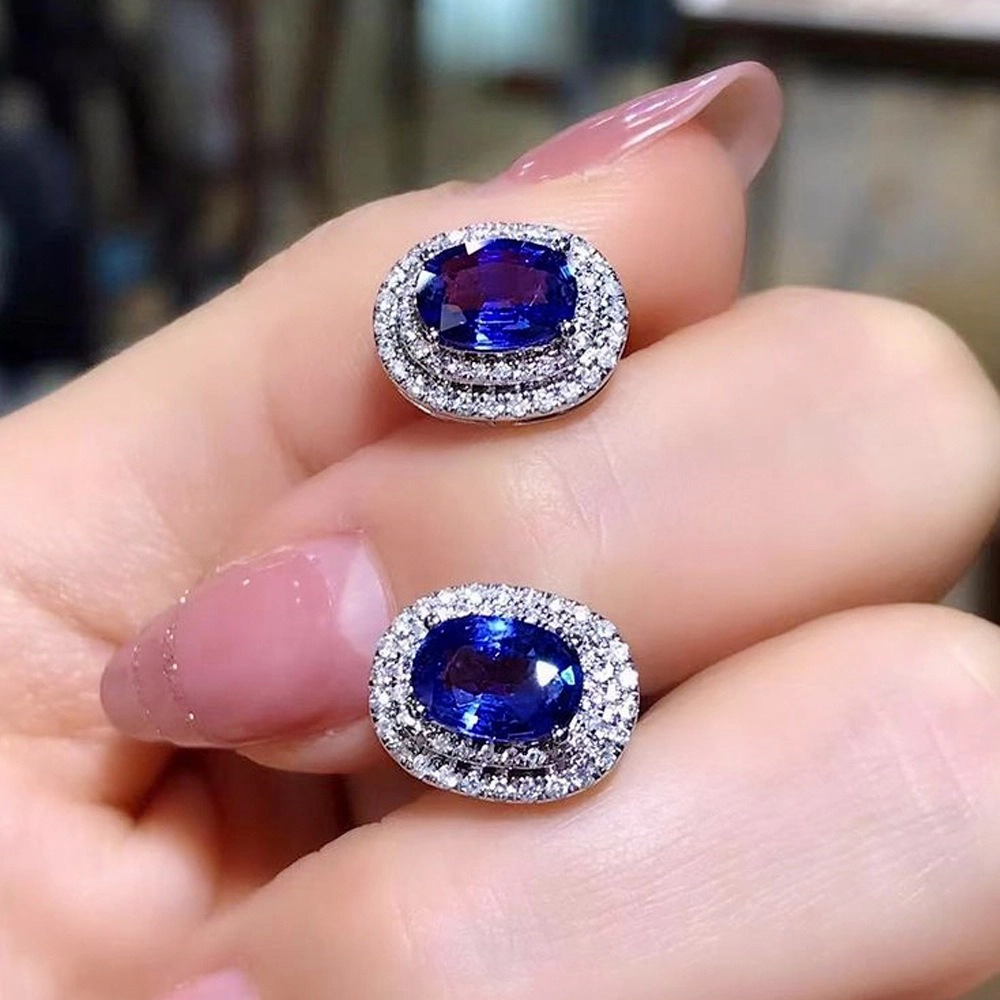 Exquisite Oval Blue Zirconia Halo Stud Earrings for Women