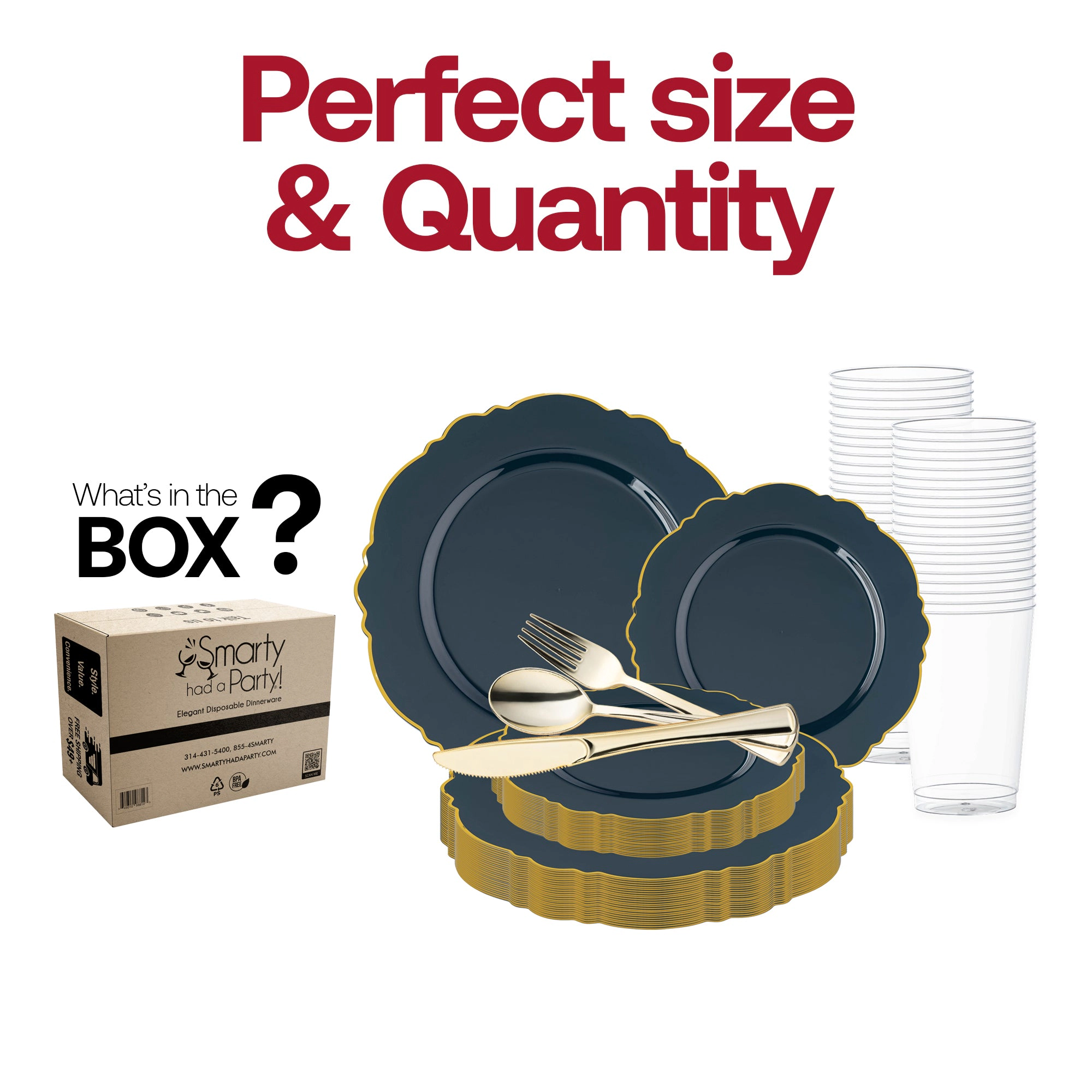 Smarty Had A Party Navy with Gold Rim Round Blossom Disposable Plastic Wedding Value Set