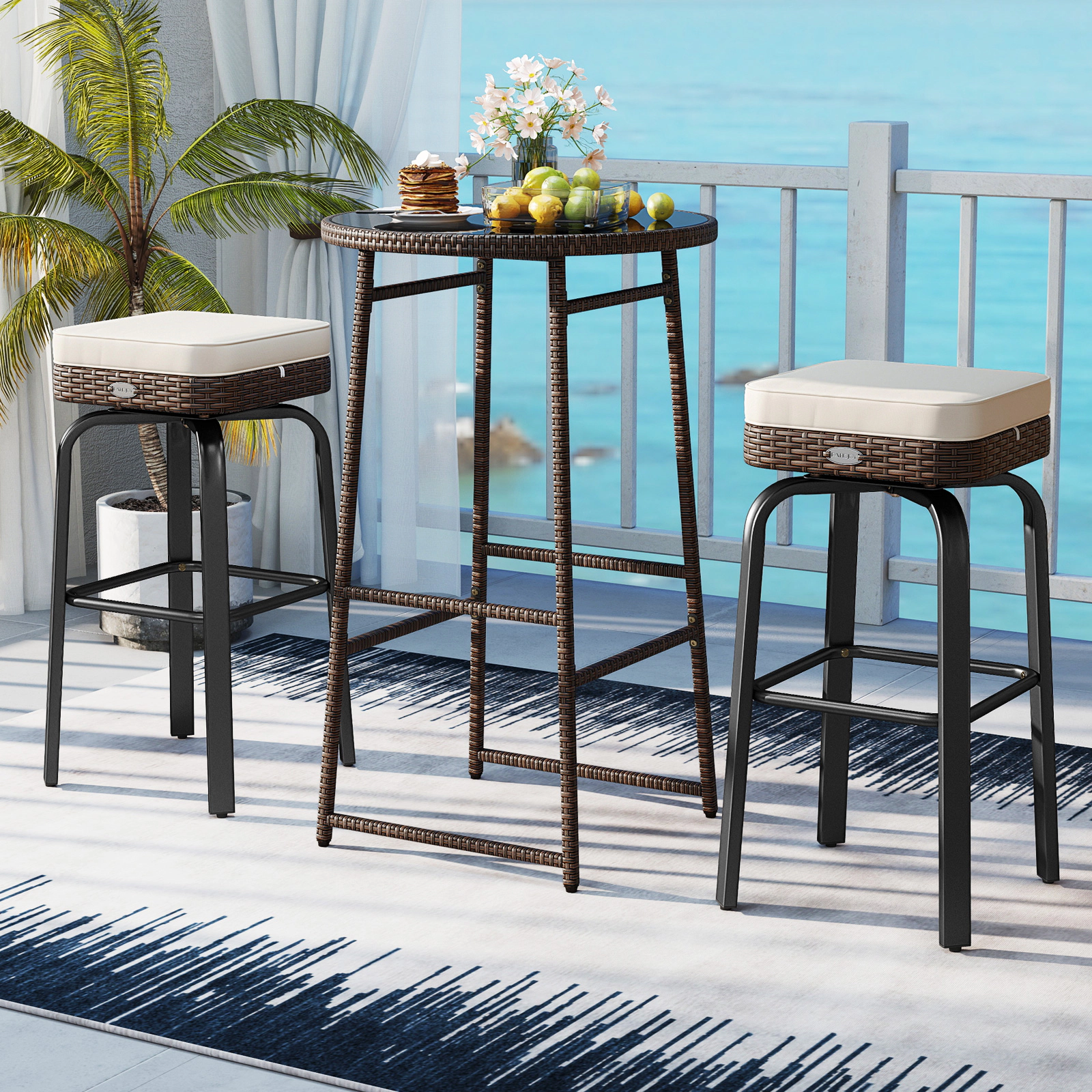 LJG 3 Pieces Outdoor Swivel Bar Set PE Rattan Bar Height Table with 2 Chairs