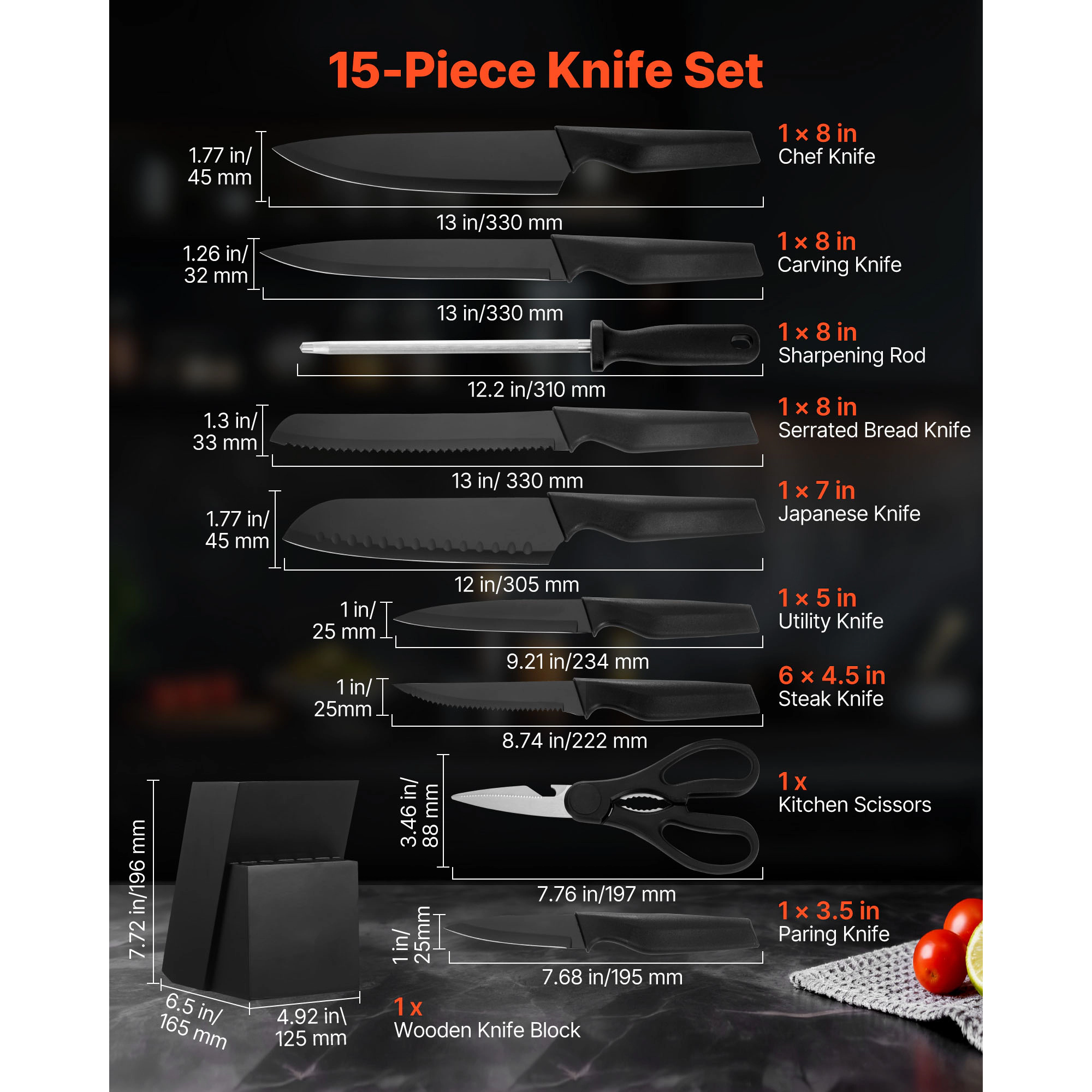 HONGGE Kitchen Knife Set with and Carbon Stainless Steel Cutlery Handle