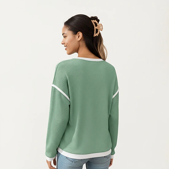 Anna-Kaci Women's Contrast Trim Relaxed Fit Long Sleeve Knit Top