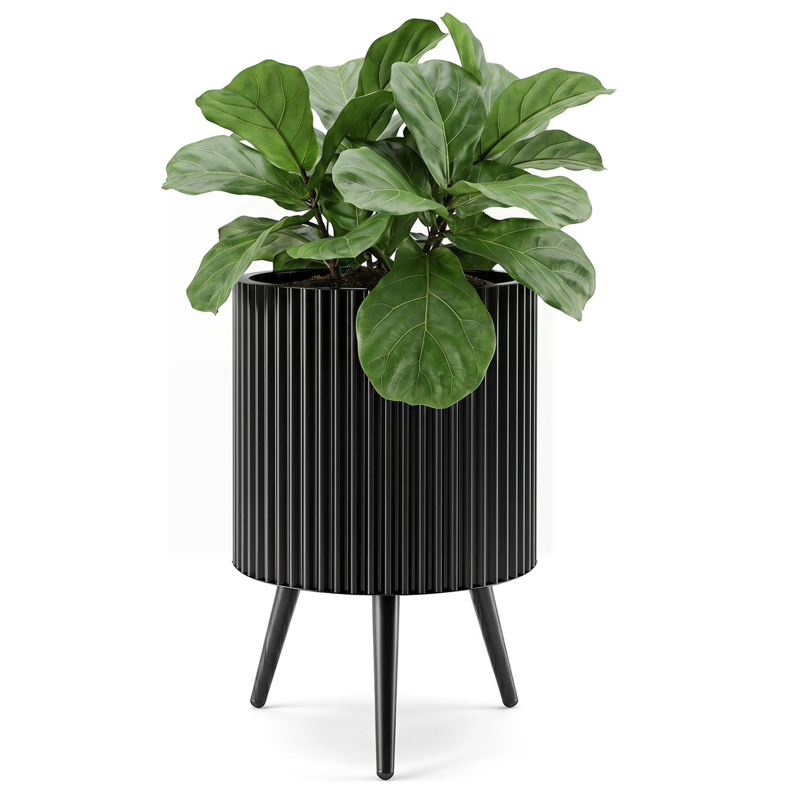 SUGIFT 14-in 110-lb Capacity Black Fluted Metal Plant Pot with Stand Tapered Legs and 3 Drain Holes