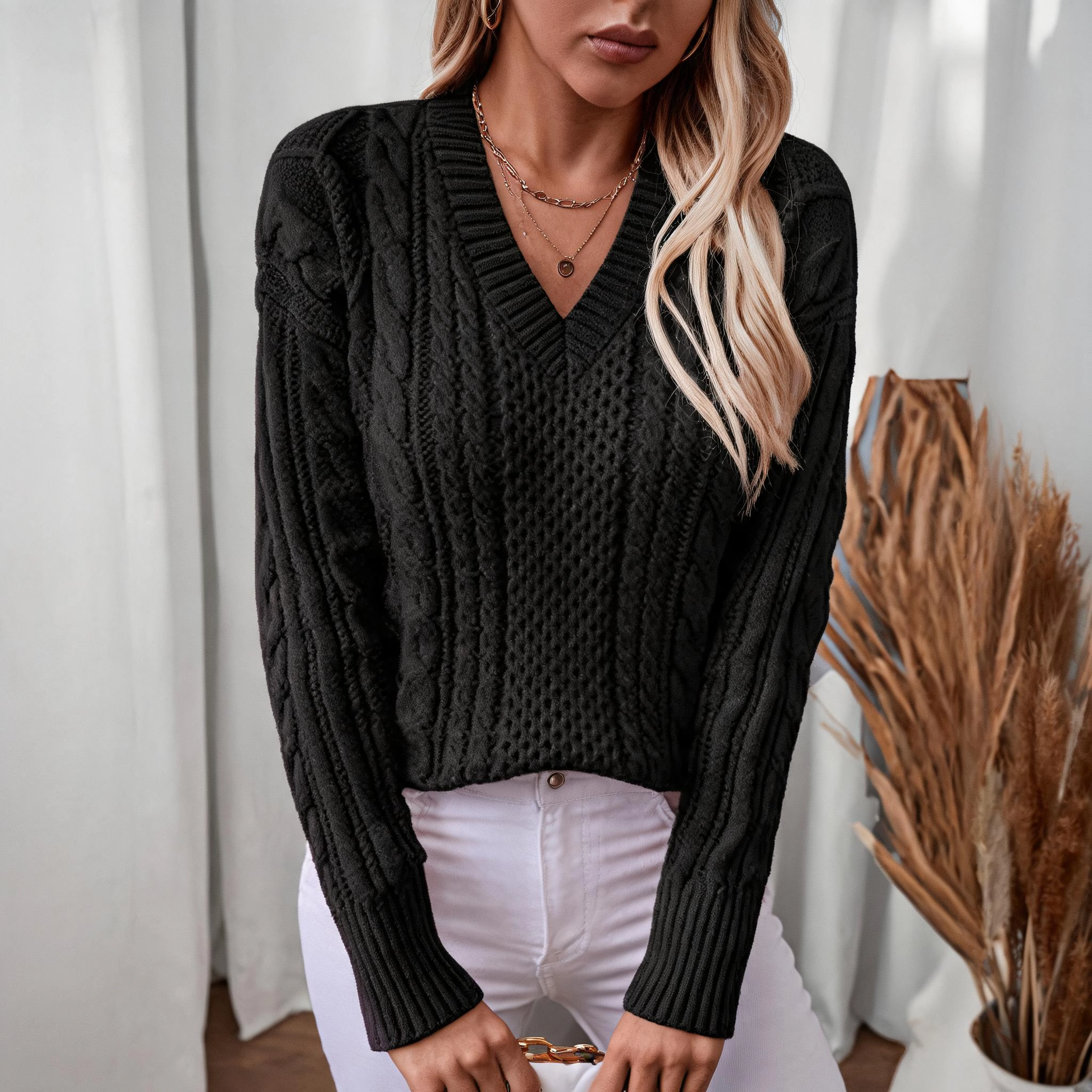 KOJOOIN Women V Neck Cable Knit Sweater Long Sleeve Chunky Pullover Loose Fit Ribbed Trim Casual Top