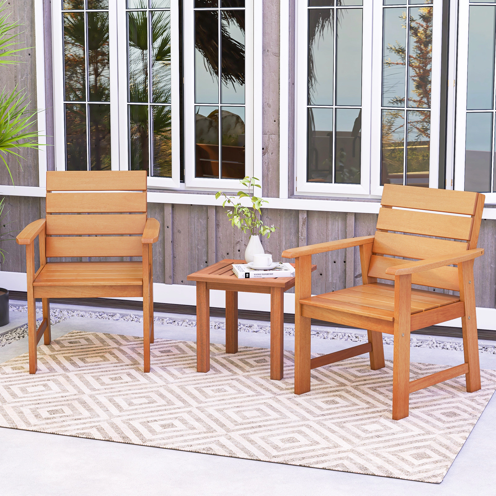 LJG 2 Piece Patio Hardwood Chair with Slatted Seat and Inclined Backrest