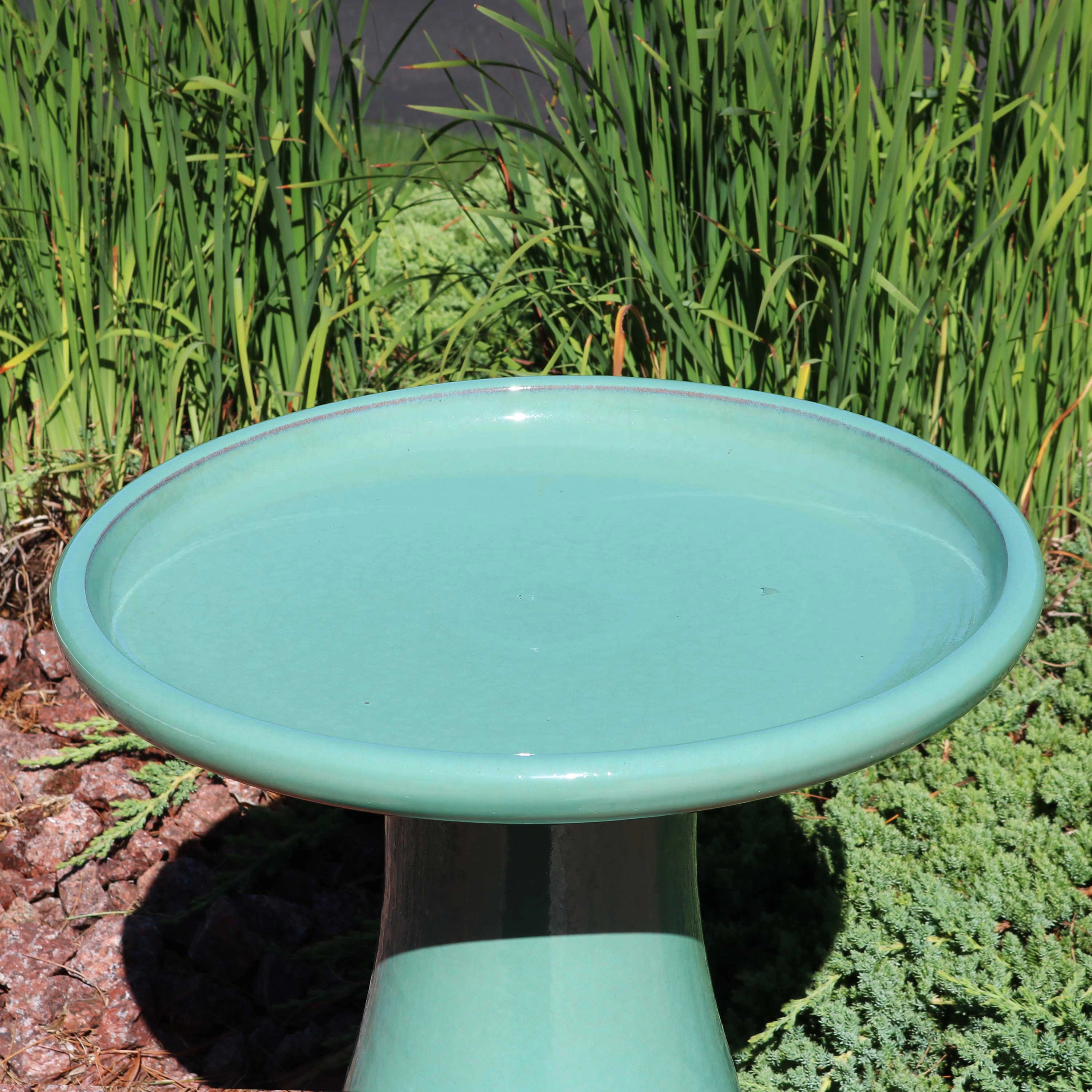 Sunnydaze Hand-Painted Ceramic Outdoor Bird Bath for Garden, 21” H, Seafoam