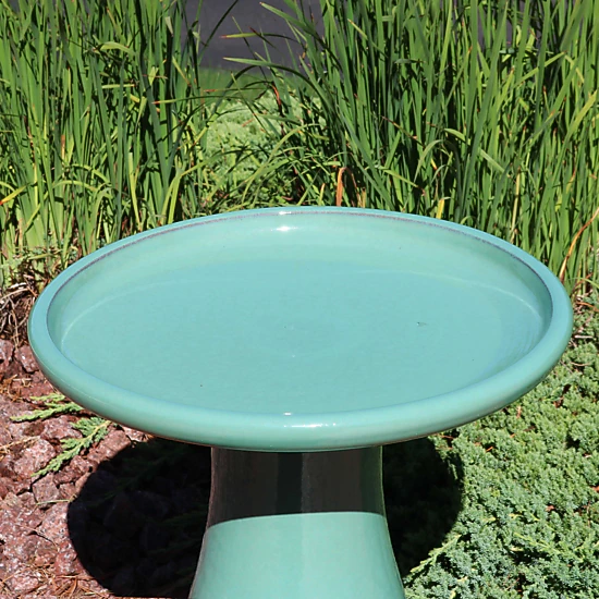 Sunnydaze Hand-Painted Ceramic Outdoor Bird Bath for Garden, 21” H, Seafoam