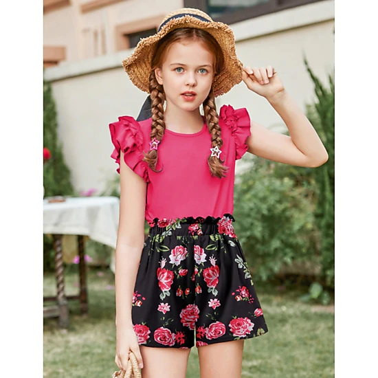 Arshiner Girls Piece Outfits Summer Hawaiian Clothes Ruffle Sleeve T Shirts High Waist Paper
