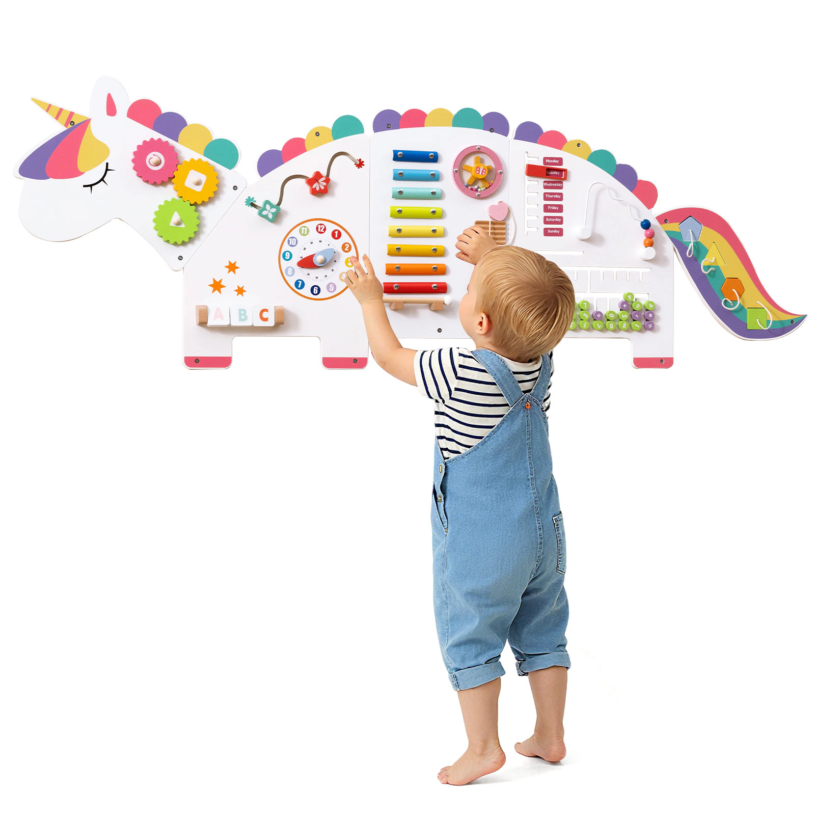 SUGIFT 11-in-1 57-in Dinosaur Montessori Busy Board Wall Panel Set with Xylophone Clock and Abacus