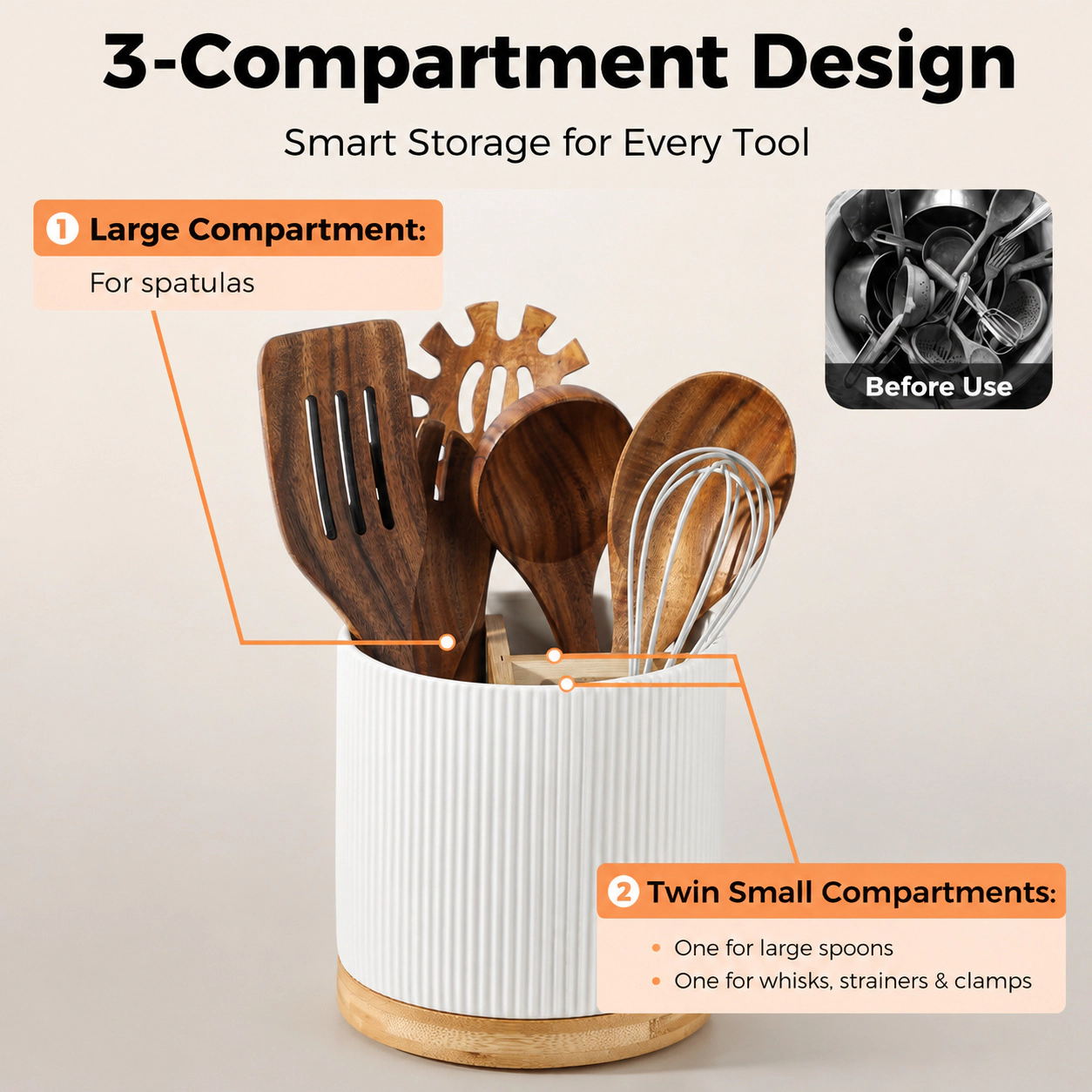 WZK 3-Pack Rotating Ceramic 25 Pcs Removable Compartment Utensil Holder