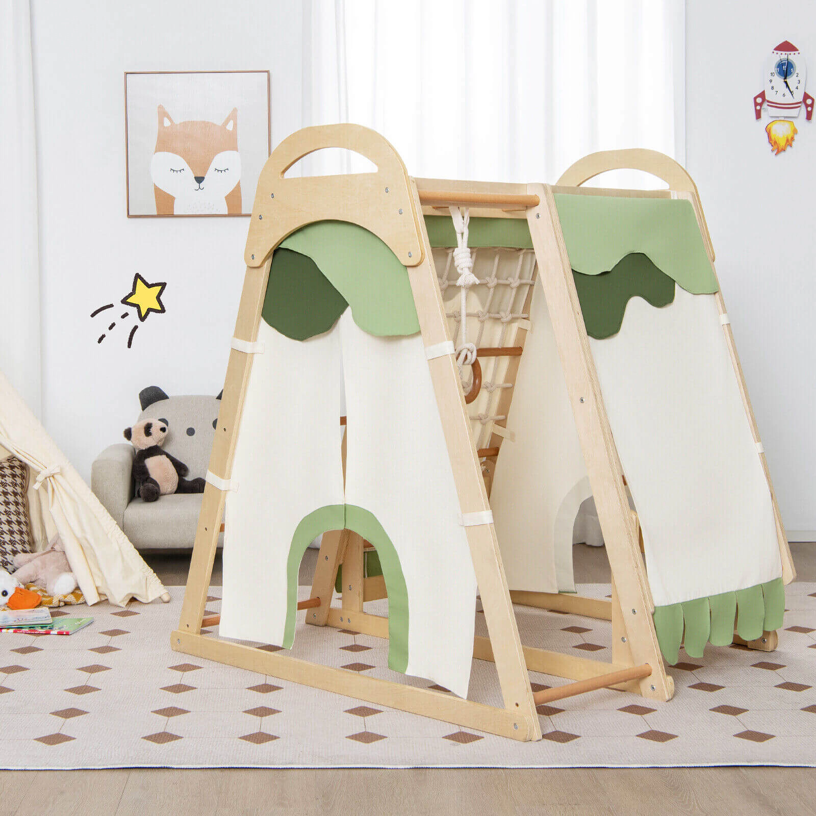 LJG 6-in-1 Wooden Kids Jungle Gym Playset with Slide Climbing Net