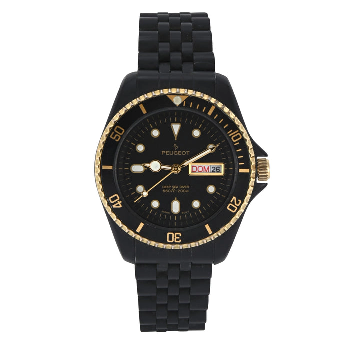 Peugeot Men's Round 40mm Day-Date Rotating Bezel Watch with Matte Black Bracelet