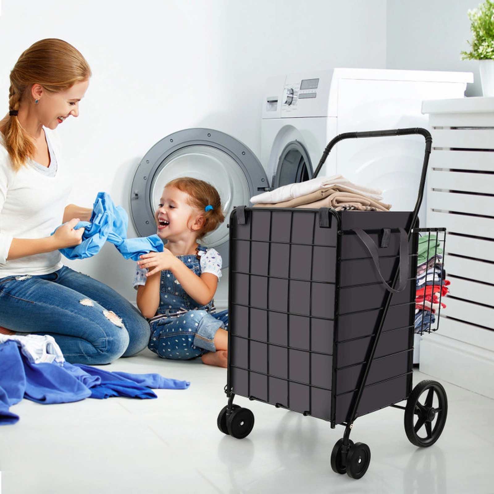SUGIFT Folding Rolling Shopping Cart Waterproof Oxford Liner Back Basket 90-lb Capacity 24 x 23.5 x 40-in Black