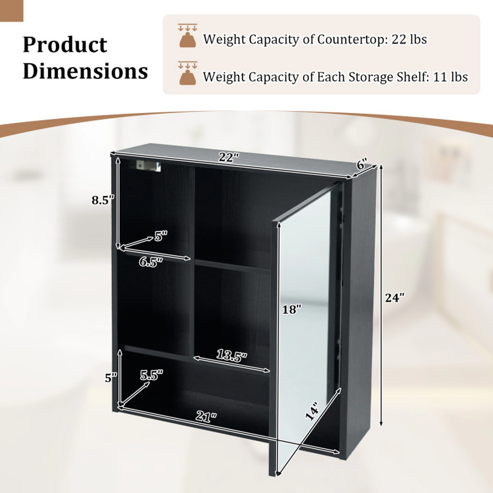 SUGIFT Black 22-lb Countertop Wall-Mounted Bathroom Mirror Cabinet with 2 Hidden Shelves and 3 Open Compartments