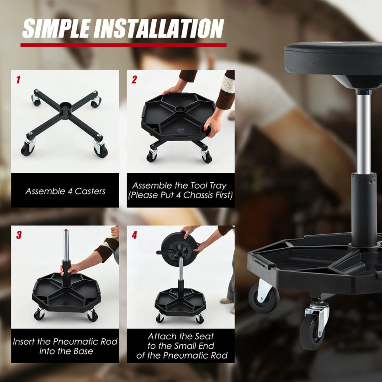 SUGIFT 16-in to 22-in Adjustable 4 Casters Tool Tray Pneumatic Rolling Mechanic Stool 20-in x 20-in 330-lb Black