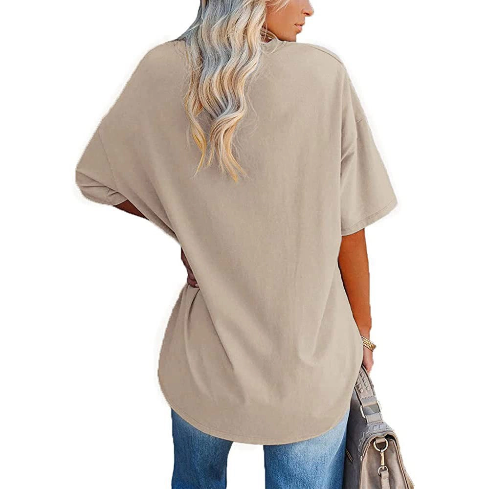 Enchanted Funland Womens V‑Neck Drop Shoulder Oversized Side Slit Short Sleeve Tops