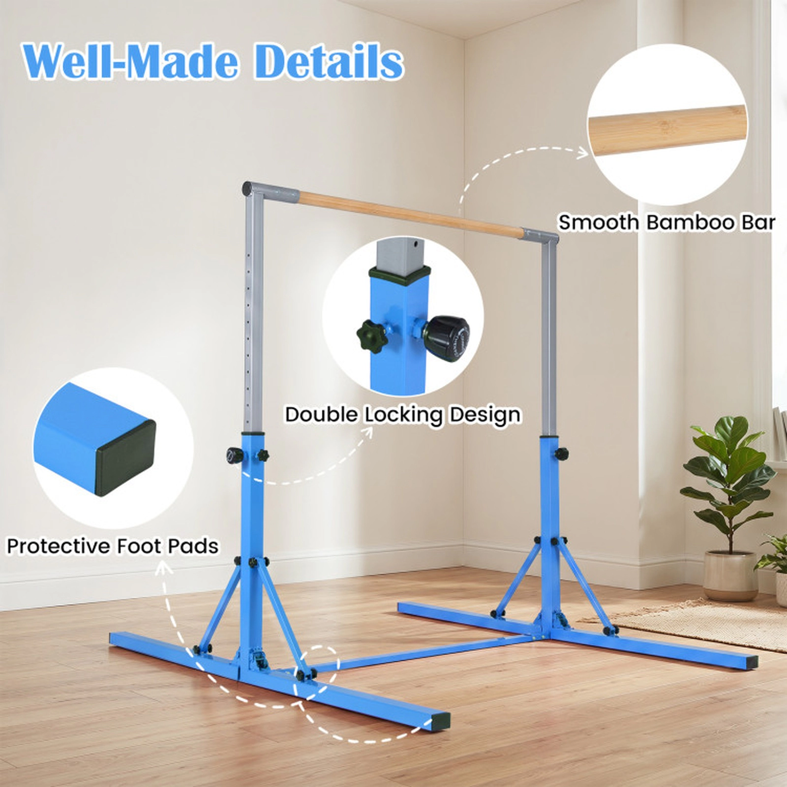 SUGIFT 265-lb Capacity 35.5-in to 59-in Adjustable Foldable Kids Gymnastics Bar with Bamboo Grip and Wheels