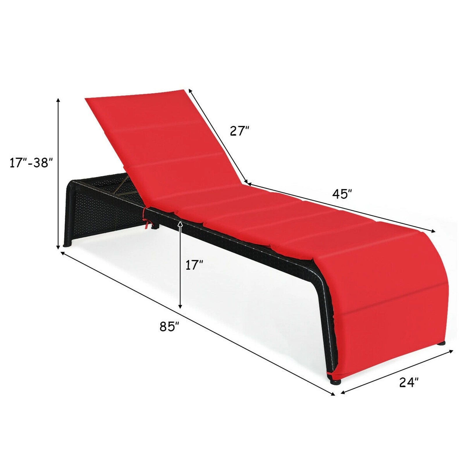 SUGIFT Red Patio Rattan Lounge Chair, 5-Position Reclining Backrest, Washable Cushion