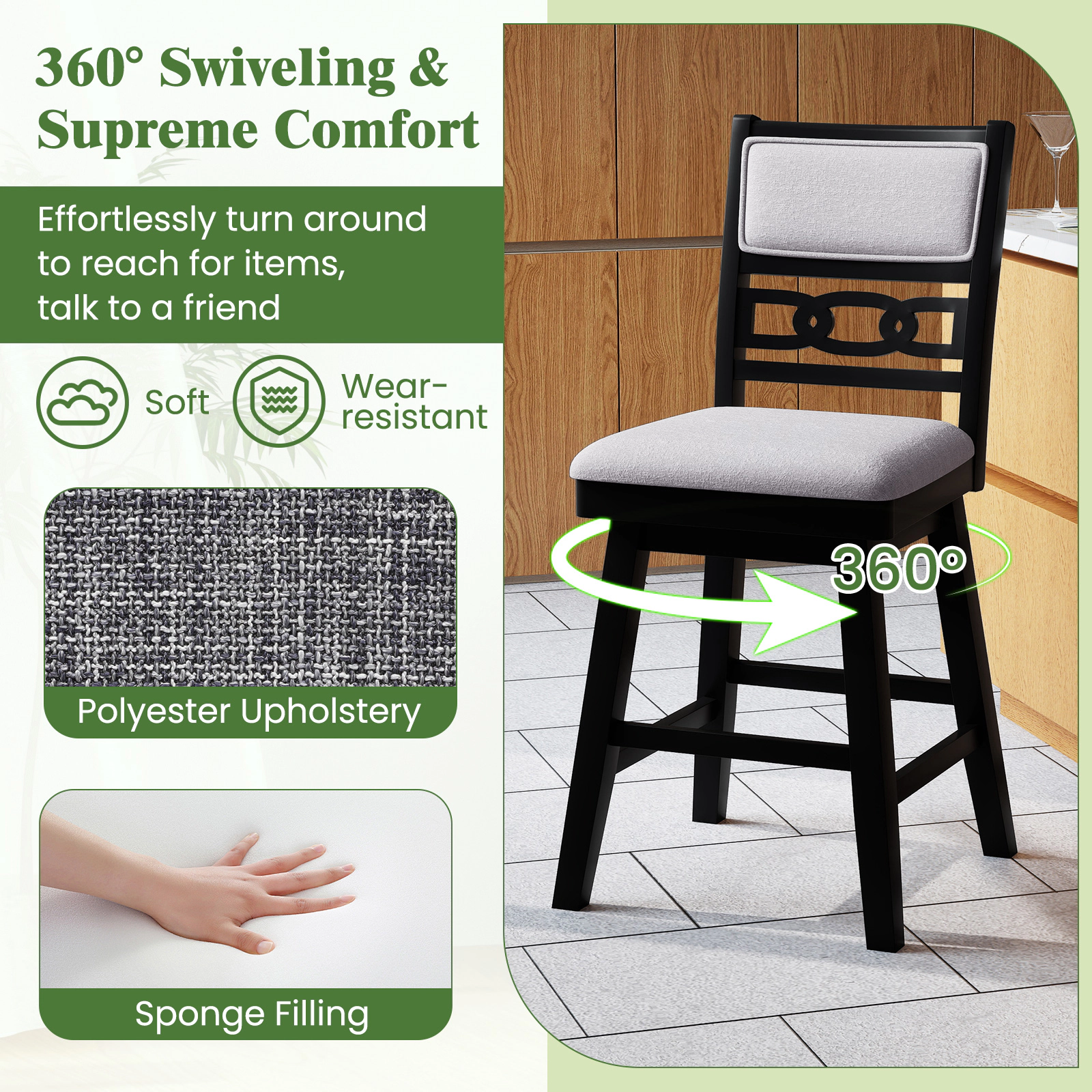 SUGIFT 25-in Counter-Height Upholstered Swivel Bar Stools Set of 2 with Tilt Backrest 400-Lb Capacity Gray+Black