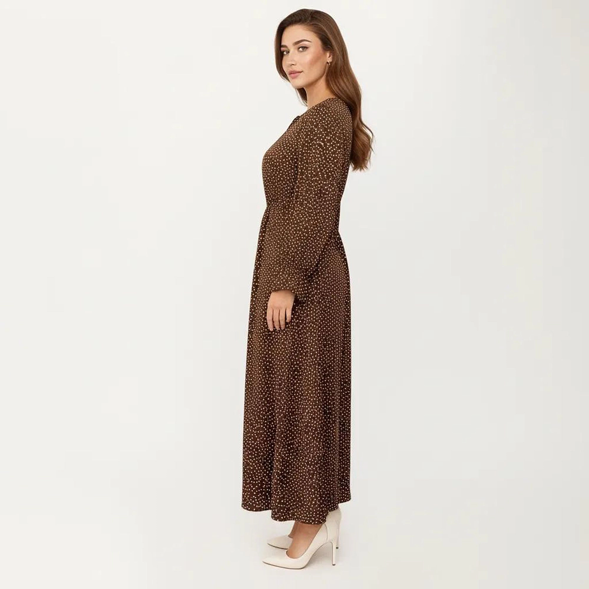 Anna-Kaci Women's Plus Long Sleeve Keyhole Neckline Elastic Waist Flowy A Line Skirt Midi Dress