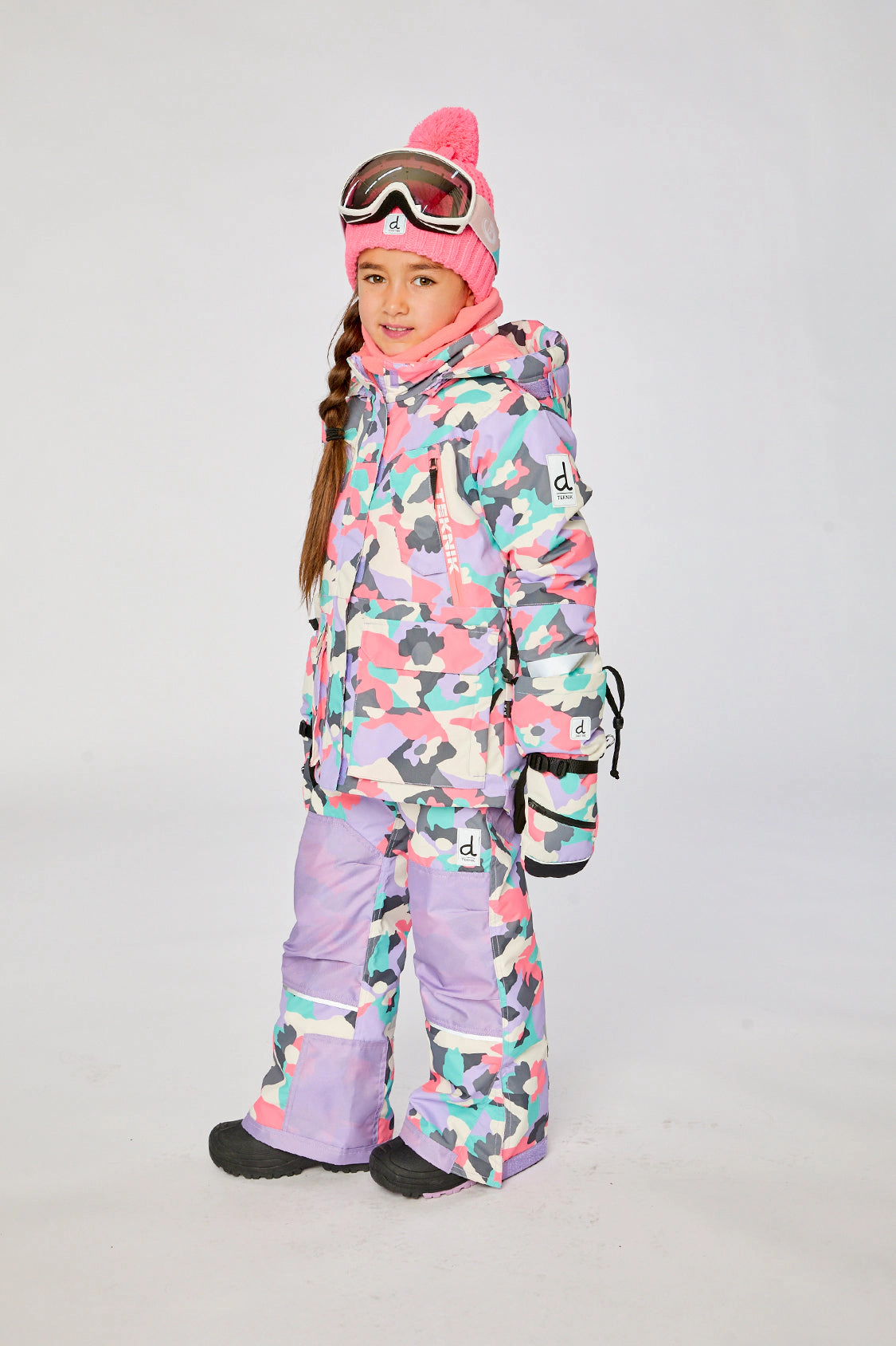 Deux par Deux Girls Two Piece Teknik Camouflage Print Snowsuit with Hooded Jacket and Snow Pants