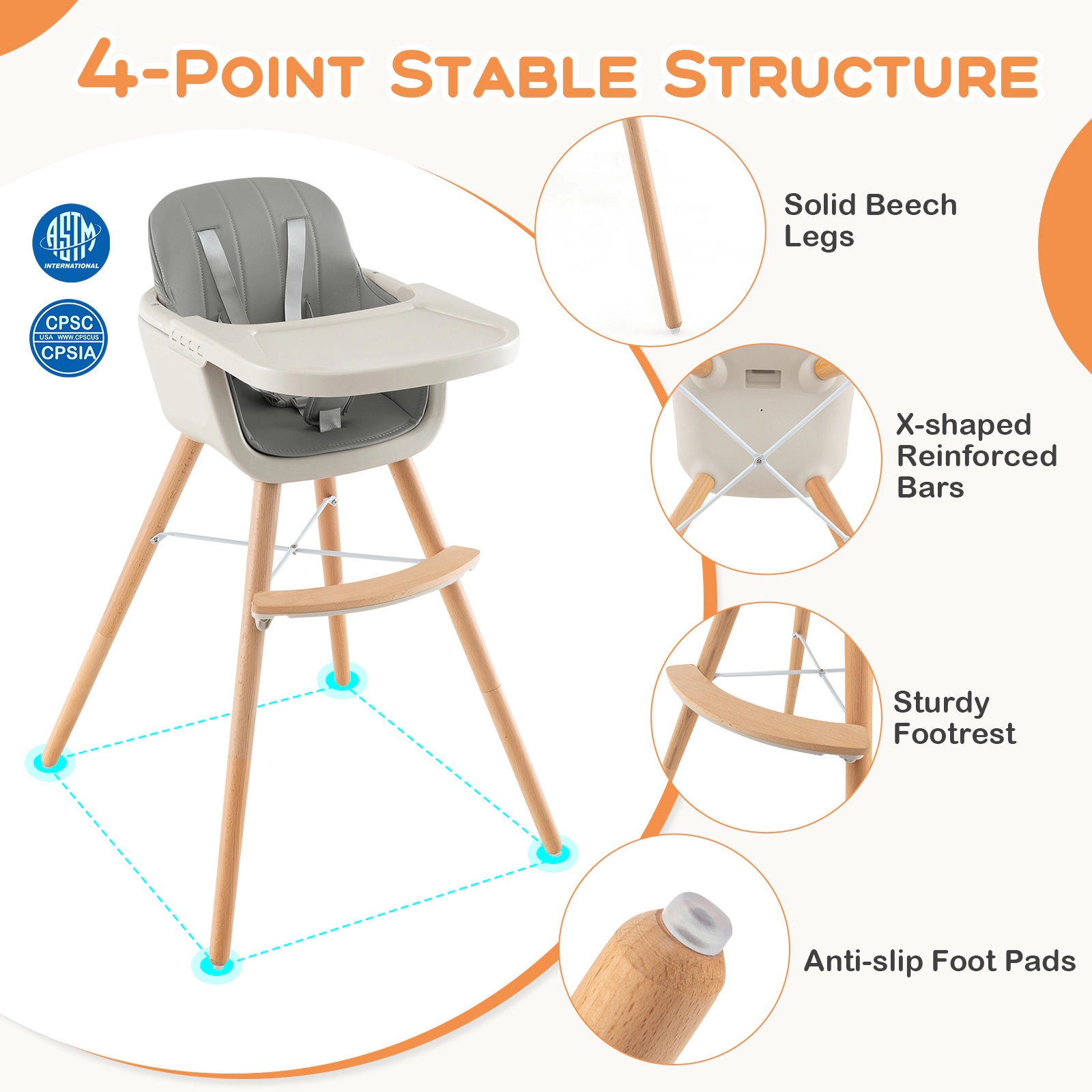 SUGIFT Removable PU Cushion and Tray 3-in-1 Convertible Wooden Baby High Chair