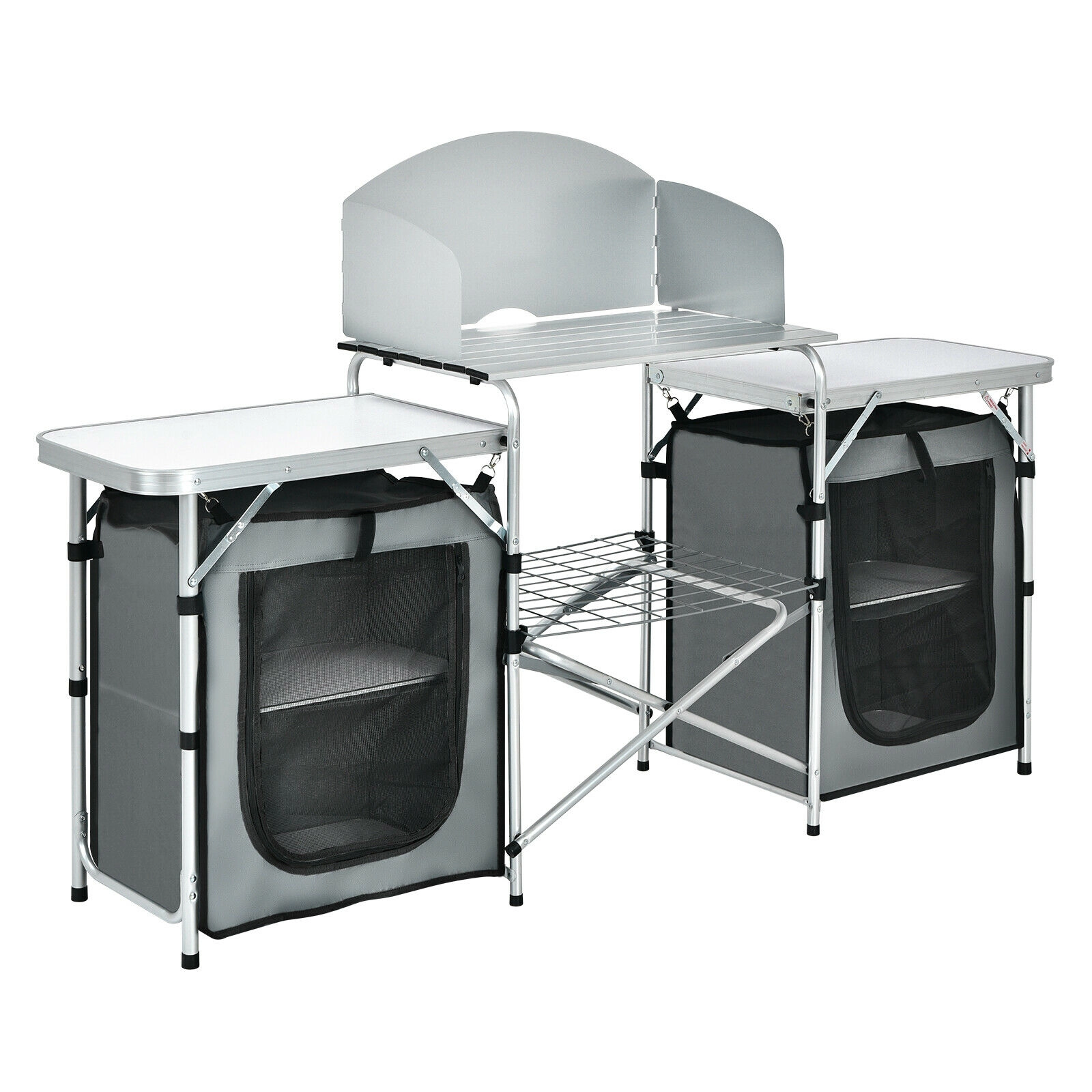 SUGIFT Gray Folding Camp Kitchen Table with Windscreen 68-in W 19-in D 43.5-in H 55-lb Tabletop Capacity