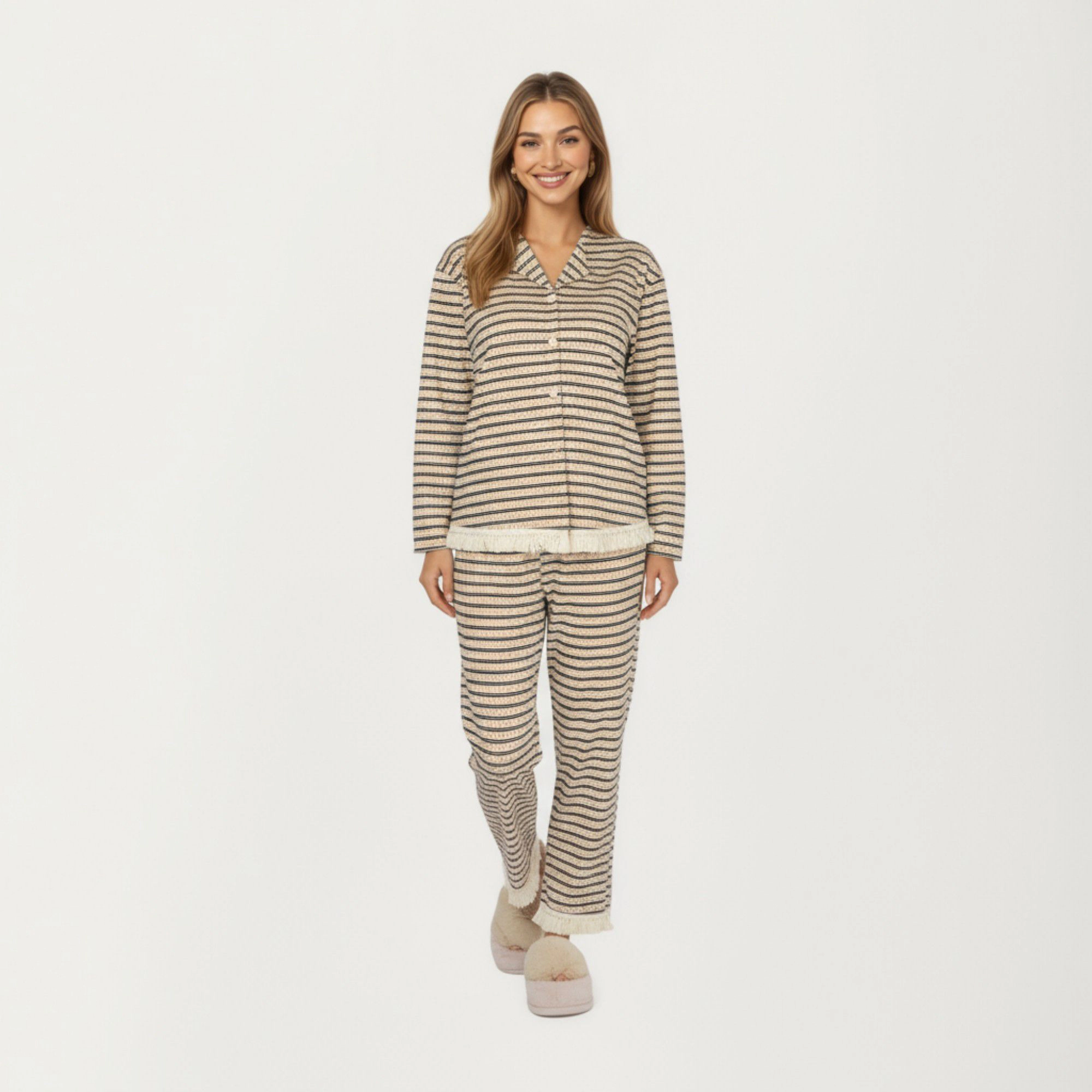 Anna-Kaci Women's 2-Piece Long Sleeve Button Front Top with Built-In Chest Pads and Relaxed Fit Pants Pajama Set