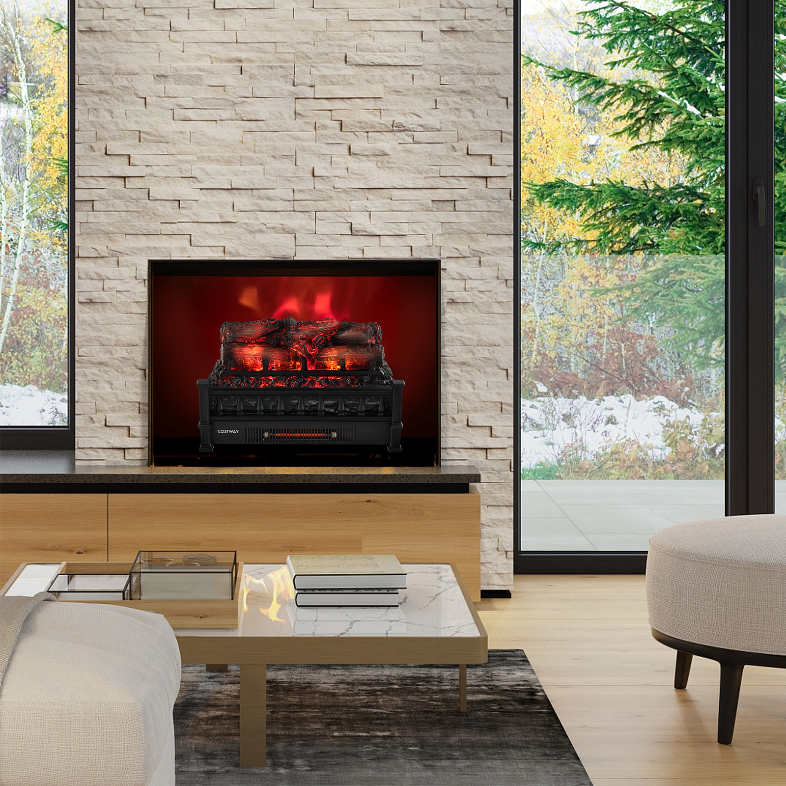 LJG 20 Inch Electric Fireplace Heater with Realistic Pinewood Ember Bed