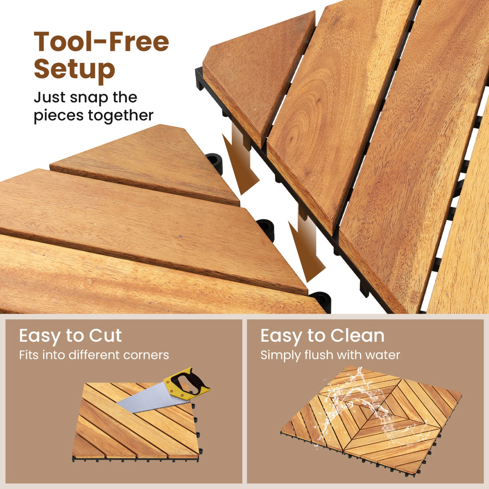 SUGIFT Natural 24-Piece Acacia Wood Deck Tiles with 3 Installation Patterns 12-in W 12-in D 500-lb Tile Capacity